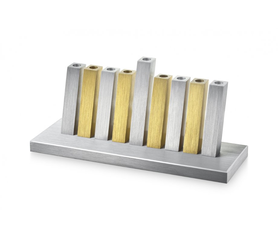Kinetic Hanukkah Menorah Anodized Aluminum, Gold & Silver Rods - Adi Sidler