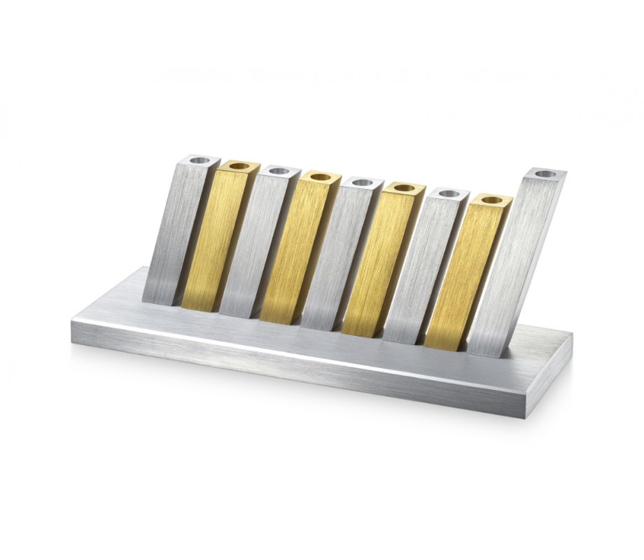 Kinetic Hanukkah Menorah Anodized Aluminum, Gold & Silver Rods - Adi Sidler