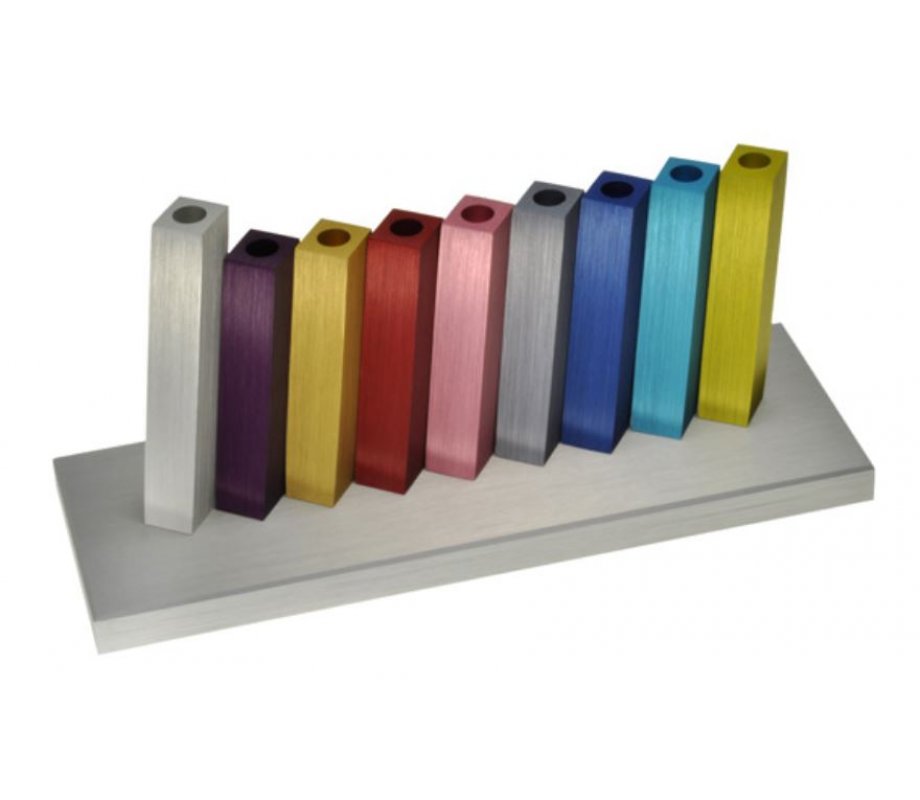 Kinetic Hanukkah Menorah Anodized Aluminum, Multicolored Rods - Adi Sidler