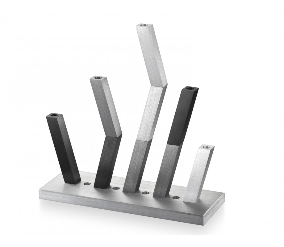 Kinetic Hanukkah Menorah Anodized Aluminum, Purple, Gray and Silver Rods - Adi Sidler