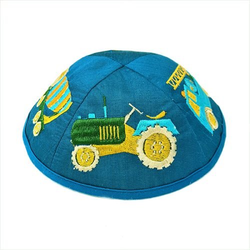 Kippah for Children, Embroidered Colored Trucks on Blue - Yair Emanuel