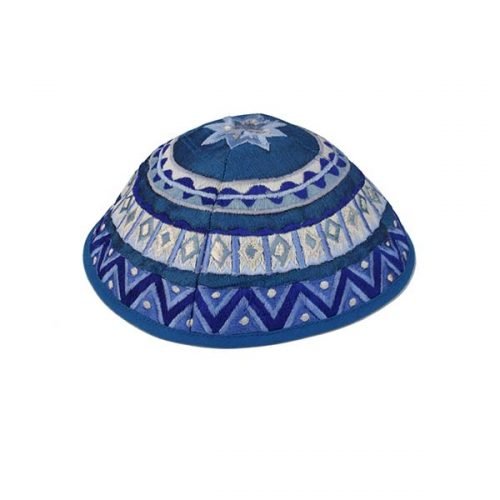 Kippah with Embroidered Geometric Designs, Blue – Yair Emanuel