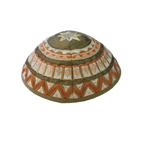 Kippah with Embroidered Geometric Designs, Brown and Green – Yair Emanuel