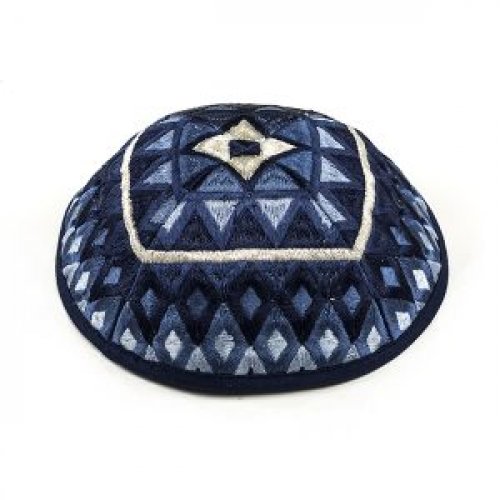 Kippah with Silk Embroidered Geometrical Shapes in Shades of Blue - Yair Emanuel