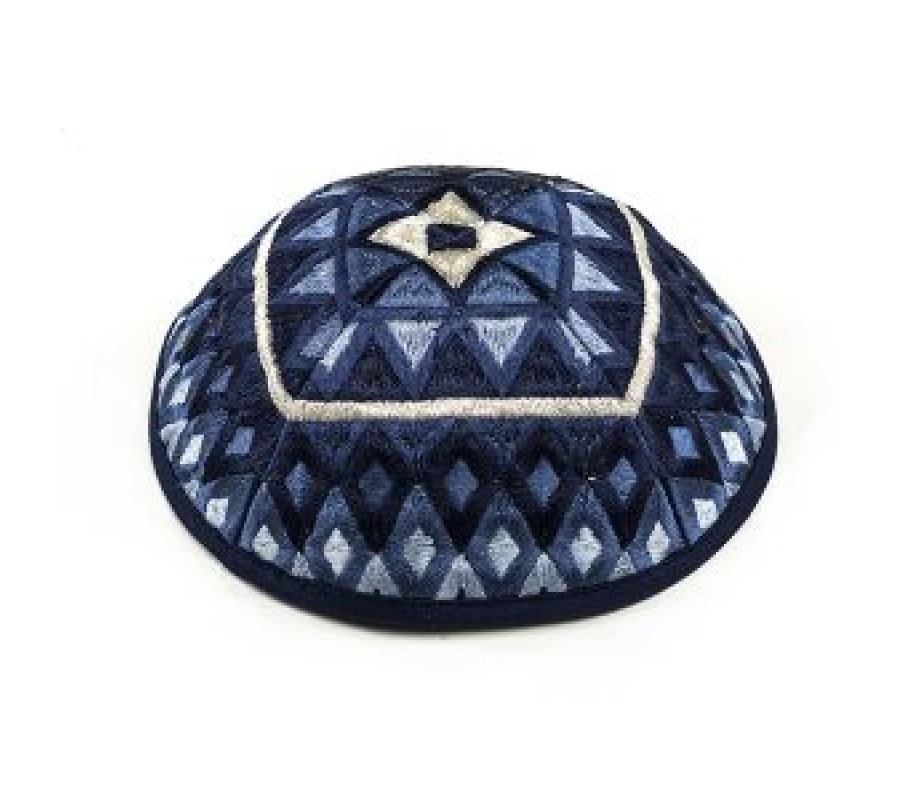 Kippah with Silk Embroidered Geometrical Shapes in Shades of Blue - Yair Emanuel