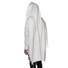 LaMenatzeach Wool Tallit Non Slip Prayer Shawl - White and Silver Stripes