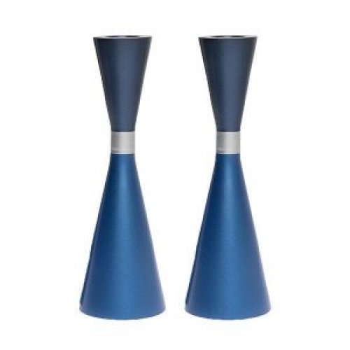 Large Cone Shaped Candlesticks with Band, Blue - Yair Emanuel