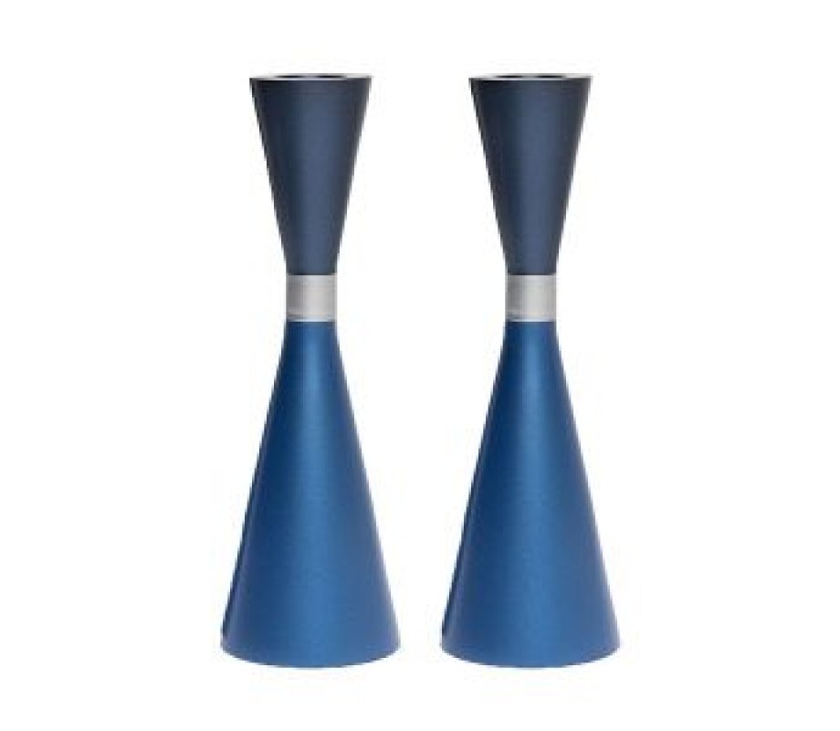 Large Cone Shaped Candlesticks with Band, Blue - Yair Emanuel