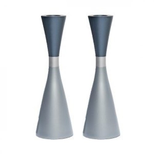 Large Cone Shaped Candlesticks with Band, Gray - Yair Emanuel