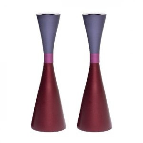 Large Cone Shaped Candlesticks with Band, Purple and Maroon- Yair Emanuel