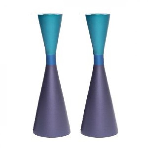 Large Cone Shaped Candlesticks with Band, Purple and Turquoise - Yair Emanuel