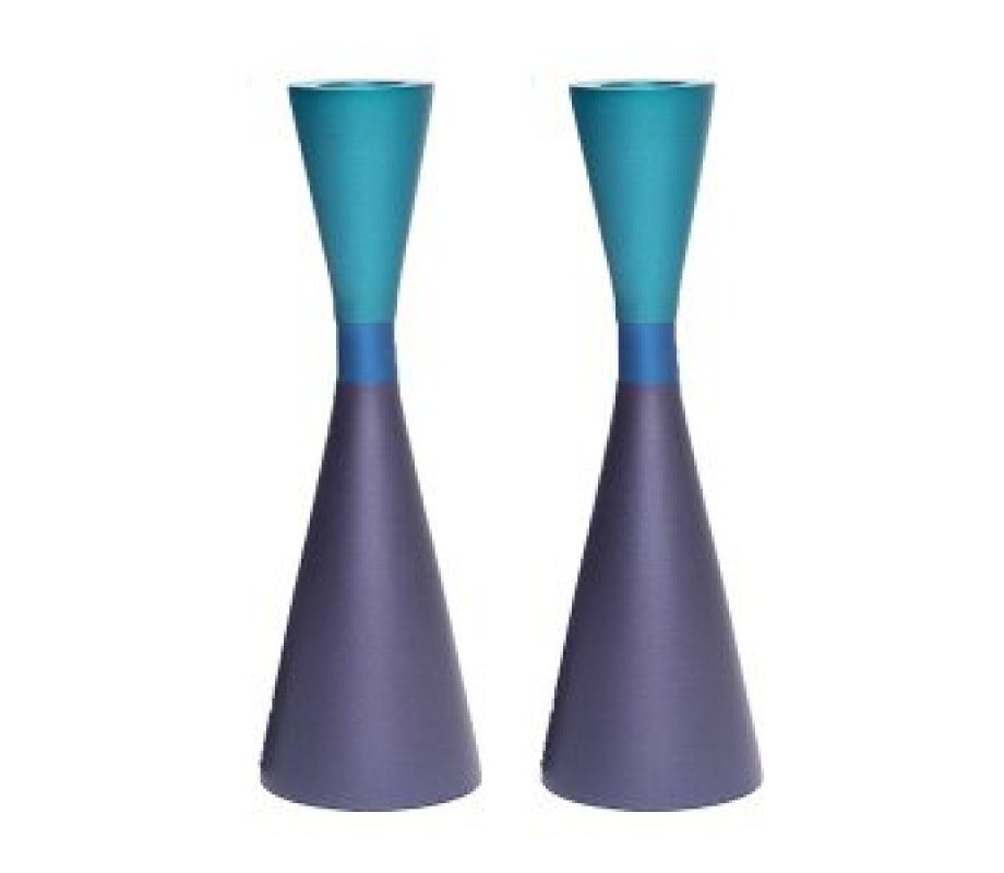 Large Cone Shaped Candlesticks with Band, Purple and Turquoise - Yair Emanuel