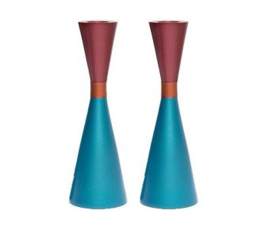 Large Cone Shaped Candlesticks with Band, Red and Turquoise - Yair Emanuel