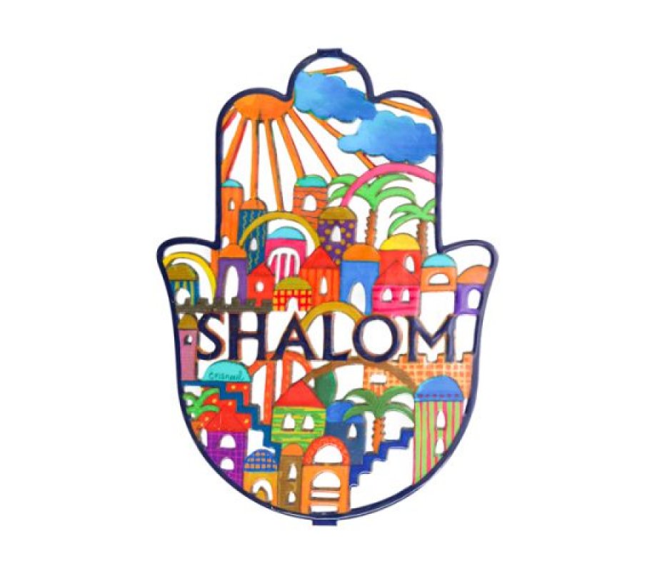 Large Hand Painted Hamsa Wall Decoration, Jerusalem and Shalom English - Yair Emanuel