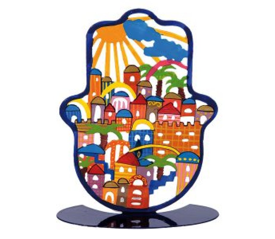 Large Hand Painted Hamsa on Stand, Colorful Jerusalem Images - Yair Emanuel