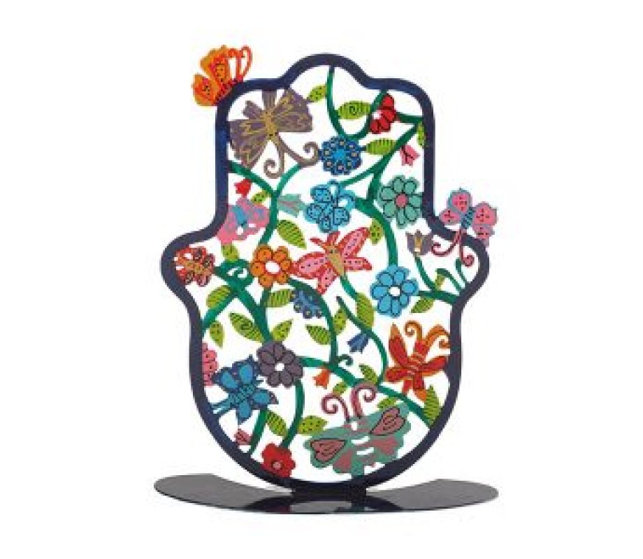 Large Hand Painted Hamsa on Stand, Flowers and Butterflies - Yair Emanuel