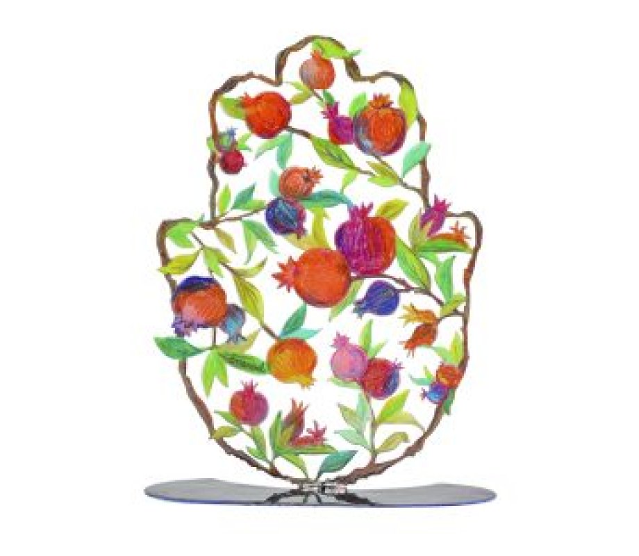 Large Hand Painted Hamsa on a Base, Colorful Pomegranates - Yair Emanuel