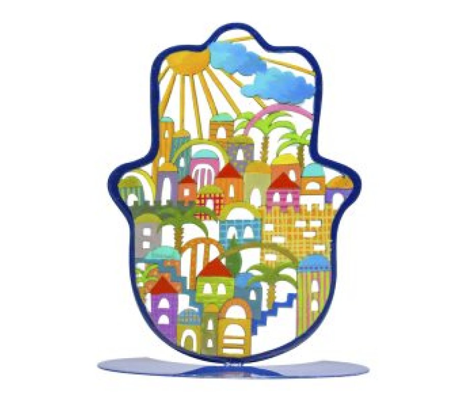 Large Hand Painted Hamsa on a Base, Golden Jerusalem - Yair Emanuel