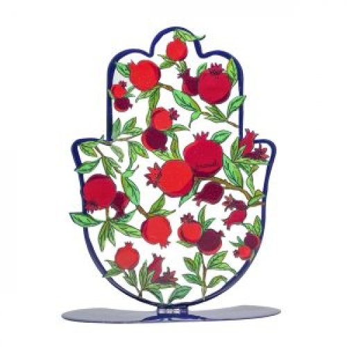 Large Hand Painted Hamsa on a Base, Leafy Red Pomegranates - Yair Emanuel