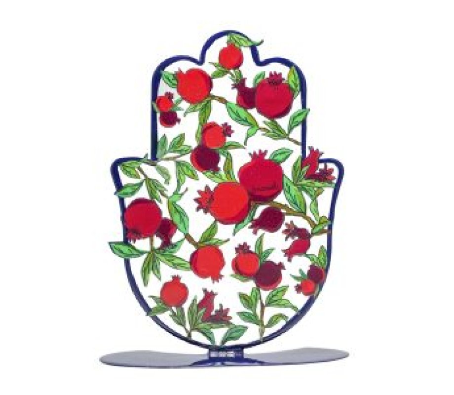Large Hand Painted Hamsa on a Base, Leafy Red Pomegranates - Yair Emanuel