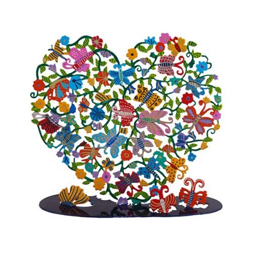 Large Hand Painted Heart on Stand, Colorful Butterflies and Flowers - Yair Emanuel