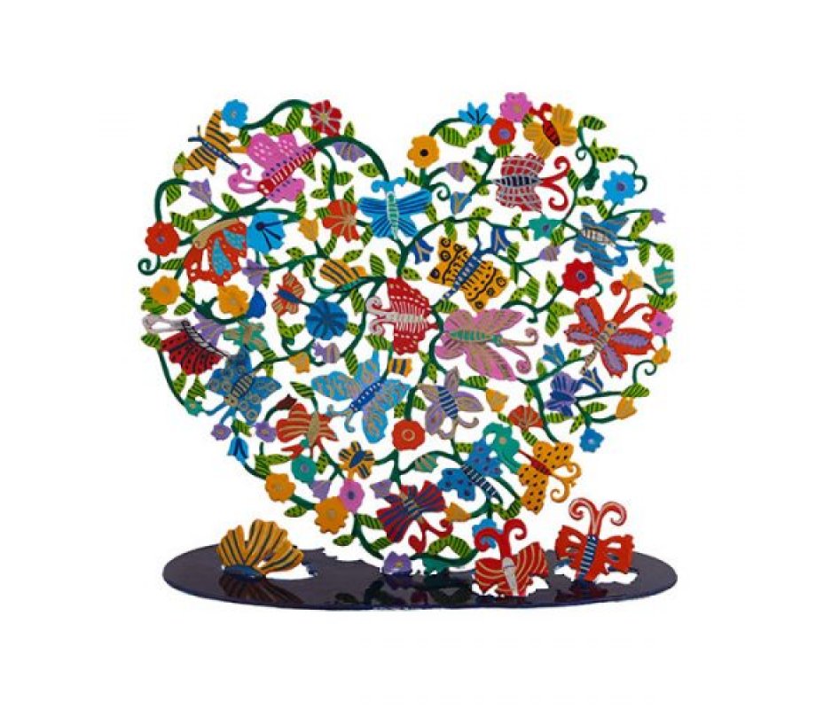 Large Hand Painted Heart on Stand, Colorful Butterflies and Flowers - Yair Emanuel