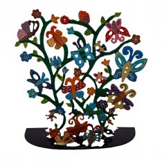 Large Hand Painted Sculpture on Base, Tree with Colorful Butterflies - Yair Emanuel