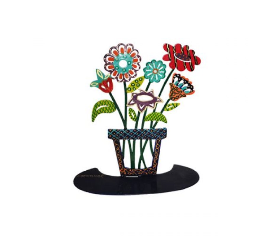 Large Hand Painted Sculpture on Base, Vase with Colorful Flowers - Yair Emanuel