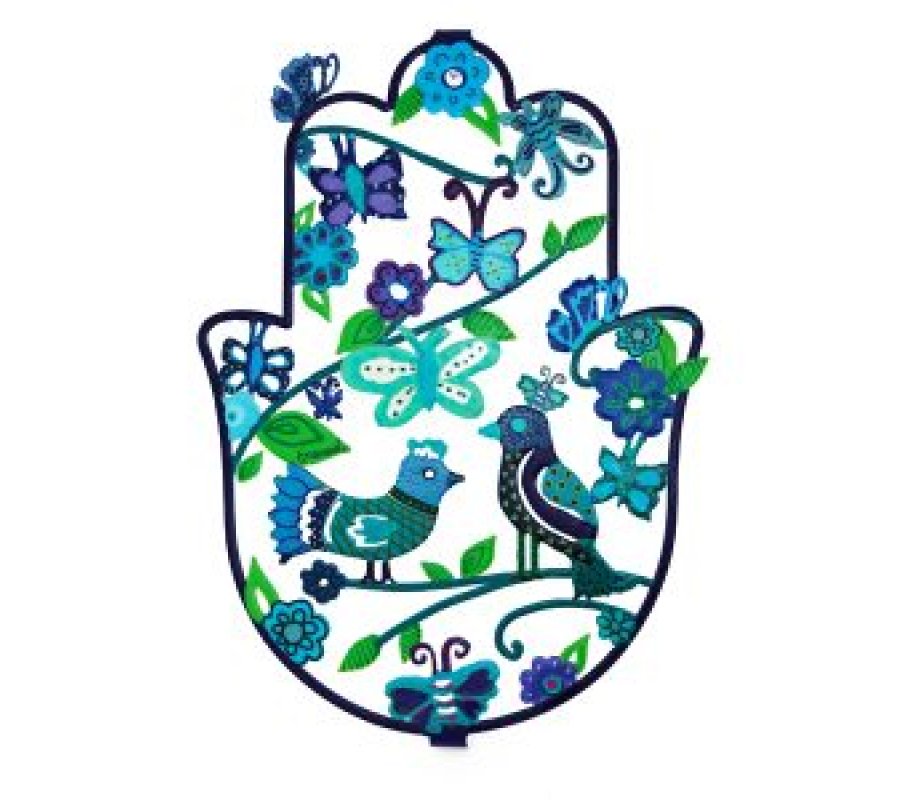 Large Hand Painted Wall Hamsa, Blue Pastoral Scene with Birds - Yair Emanuel
