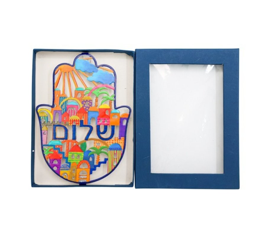 Large Hand Painted Wall Hamsa, Jerusalem Design with Hebrew Shalom - Yair Emanuel