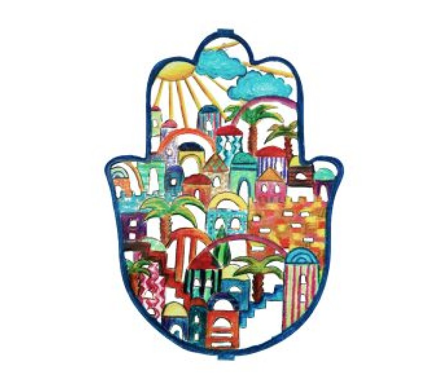 Large Hand Painted Wall Hamsa, Jerusalem Images - Yair Emanuel