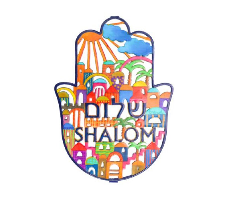 Large Hand Painted Wall Hamsa, Jerusalem with Shalom Hebrew & English - Yair Emanuel