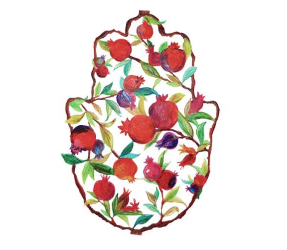 Large Hand Painted Wall Hamsa, Pencil Drawing Red Pomegranates - Yair Emanuel