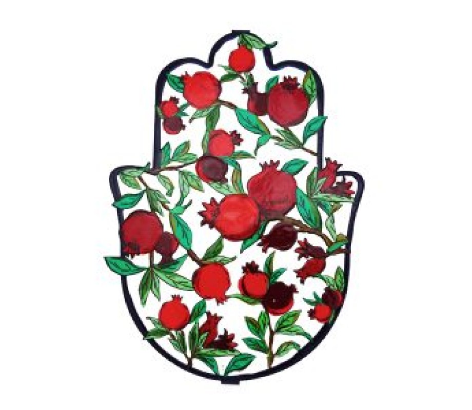 Large Hand Painted Wall Hamsa, Red Pomegranates - Yair Emanuel