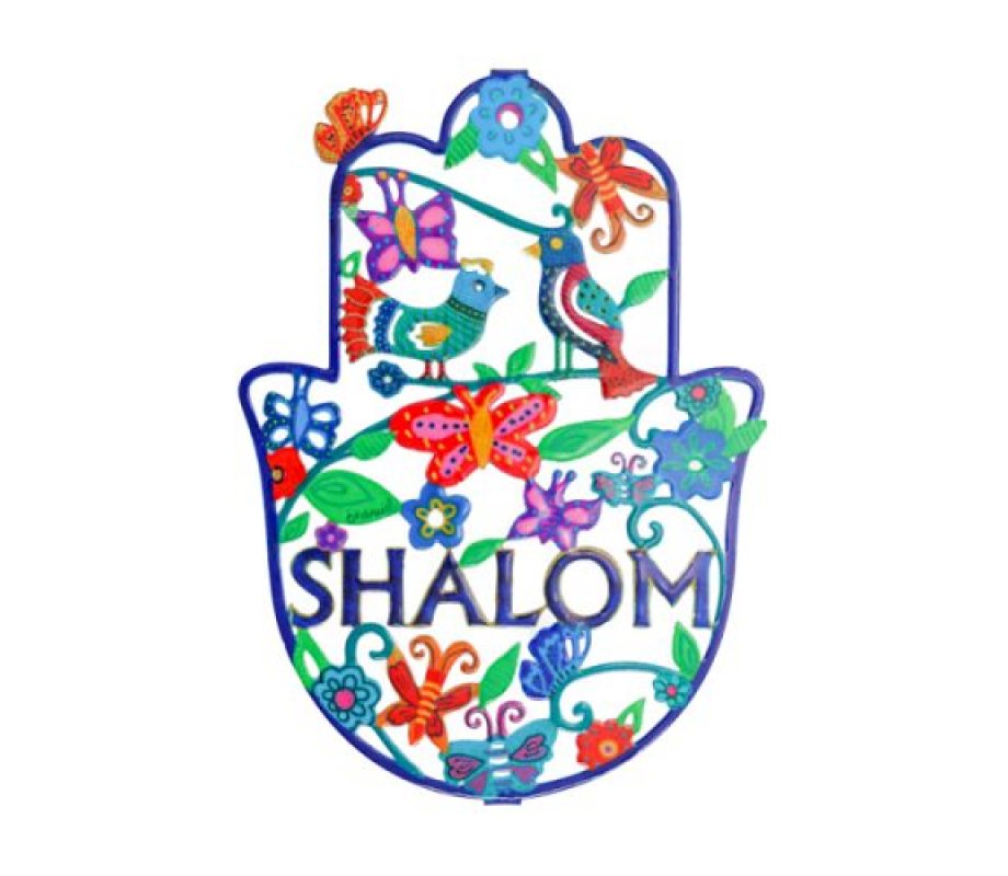 Large Hand Painted Wall Hamsa, Spring Scene with Shalom in English - Yair Emanuel