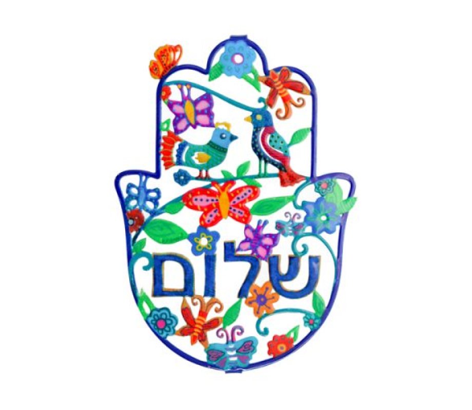 Large Hand Painted Wall Hamsa, Spring Scene with Shalom in Hebrew - Yair Emanuel