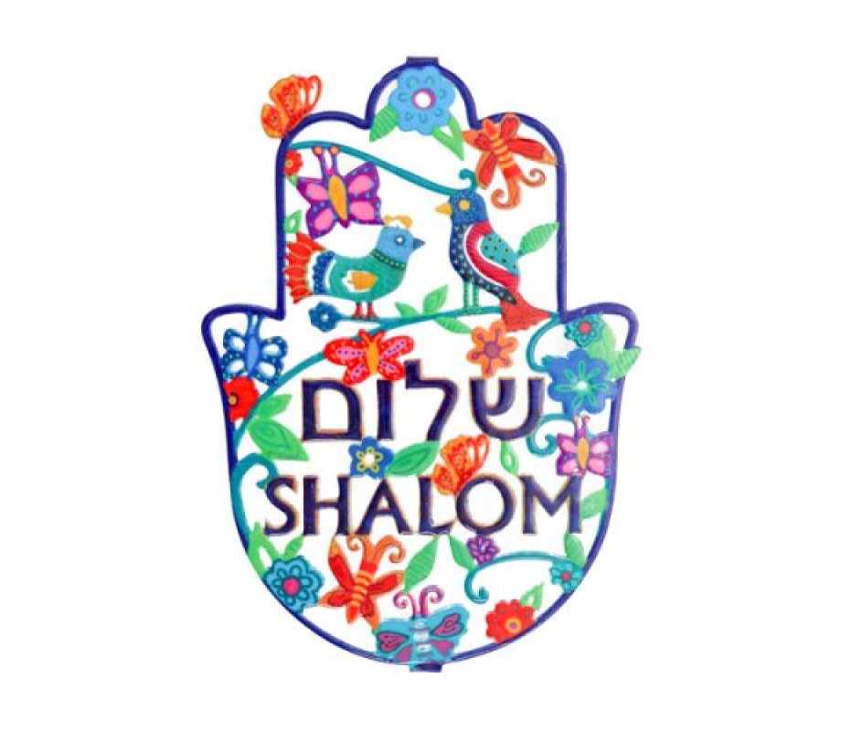 Large Hand Painted Wall Hamsa, Spring with Shalom in Hebrew & English - Yair Emanuel