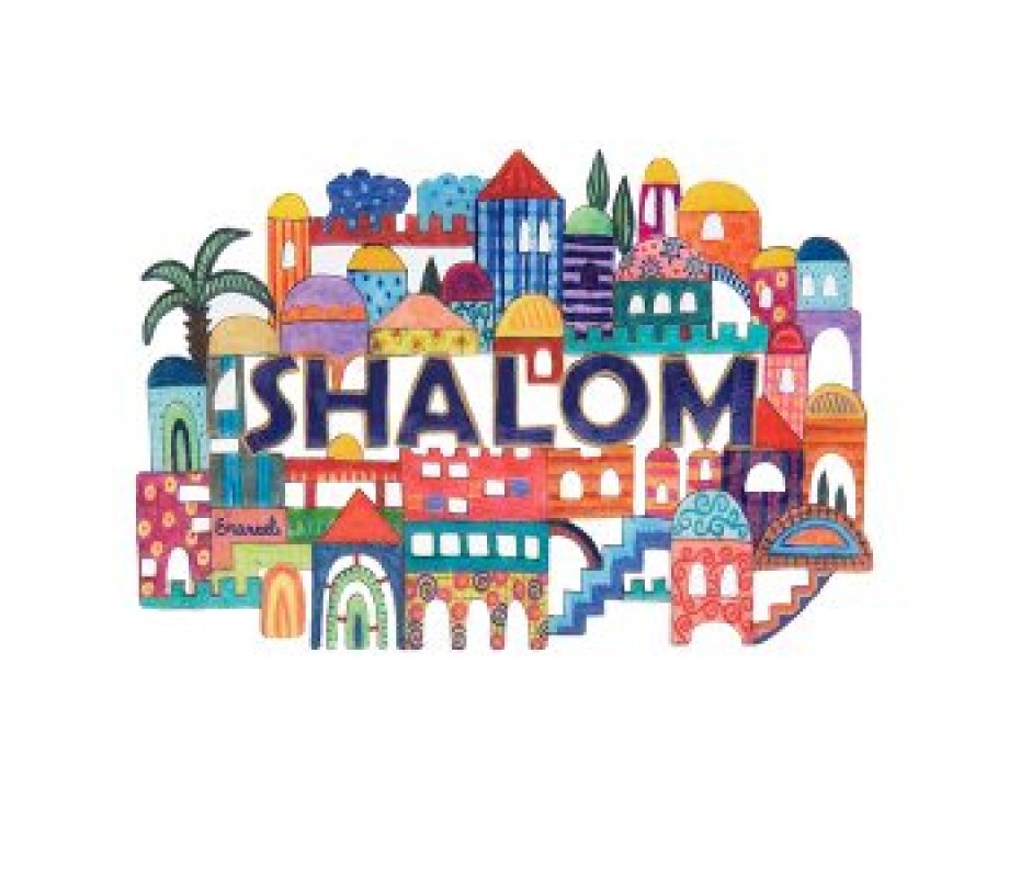 Large Hand Painted Wall Sculpture, Jerusalem with Shalom (English) - Yair Emanuel
