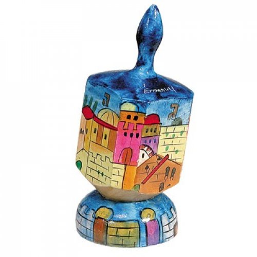 Large Hand Painted Wood Dreidel on Stand, Colorful Jerusalem - Yair Emanuel