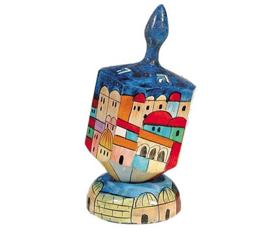 Large Hand Painted Wood Dreidel on Stand, Jerusalem Views - Yair Emanuel