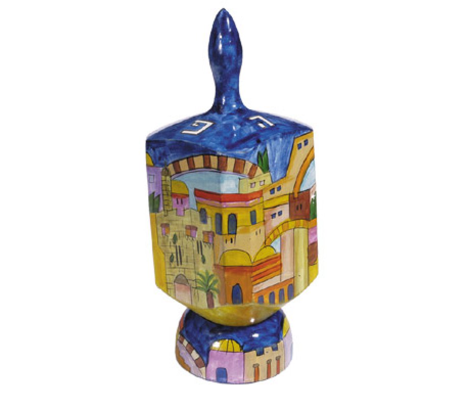 Large Hand Painted Wood Dreidel with Stand, Jerusalem Design - Yair Emanuel