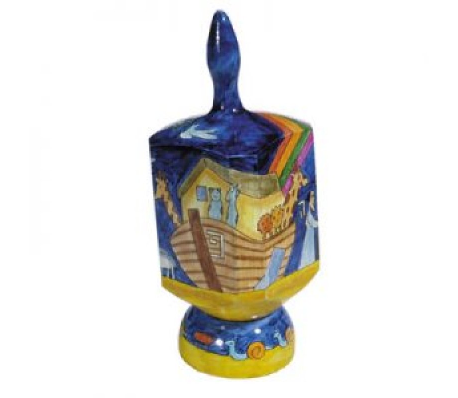 Large Hand Painted Wood Dreidel with Stand, Noahs Ark Design - Yair Emanuel