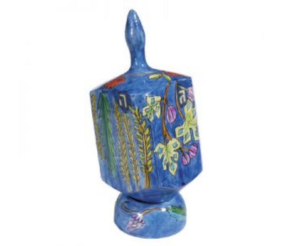 Large Hand Painted Wood Dreidel with Stand, Seven Species Design - Yair Emanuel
