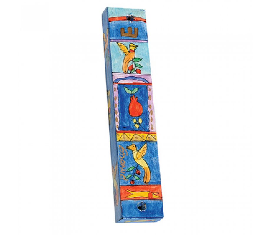 Large Hand Painted Wood Mezuzah Case, Birds and Pomegranates - Yair Emanuel