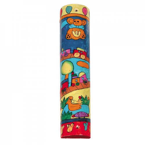 Large Hand Painted Wood Mezuzah Case, Childrens Design - Yair Emanuel