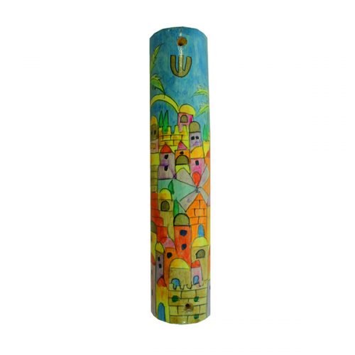 Large Hand Painted Wood Mezuzah Case, Colorful Jerusalem - Yair Emanuel