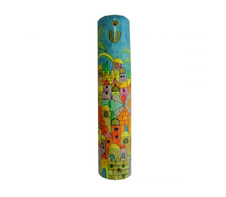 Large Hand Painted Wood Mezuzah Case, Colorful Jerusalem - Yair Emanuel