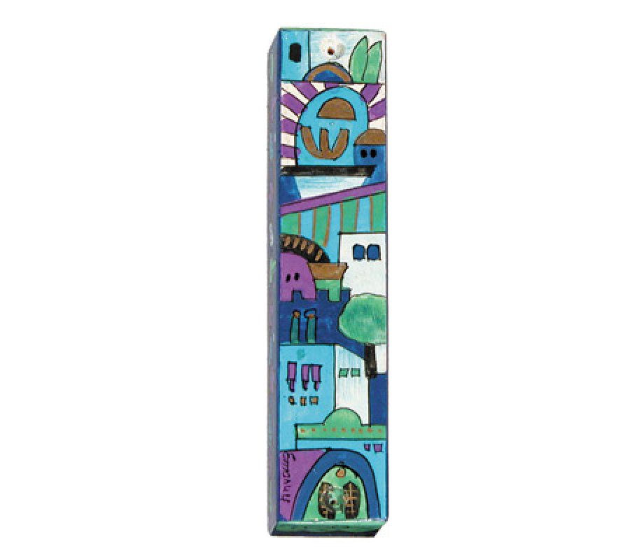 Large Hand Painted Wood Mezuzah Case, Contemporary Jerusalem on Blue - Yair Emanuel