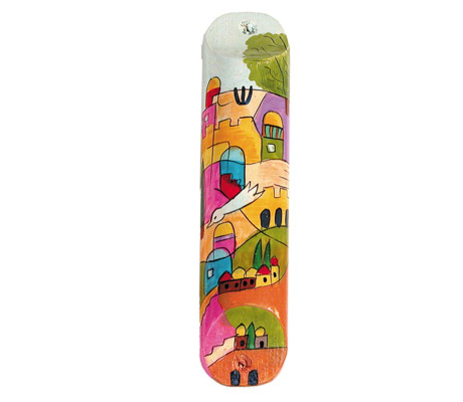 Large Hand Painted Wood Mezuzah Case, Dove over Jerusalem - Yair Emanuel