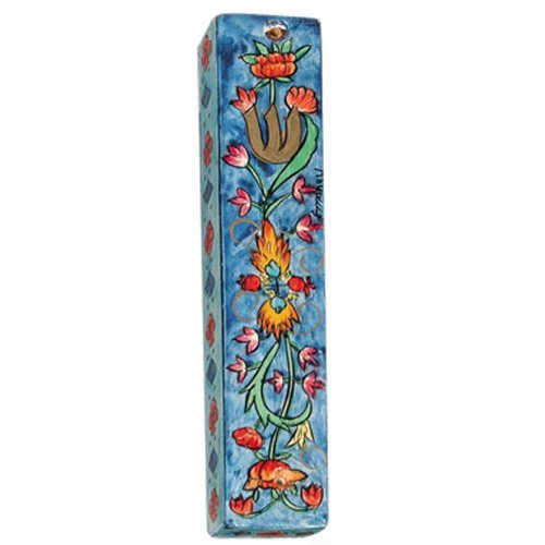 Large Hand Painted Wood Mezuzah Case, Flower Design on Blue - Yair Emanuel